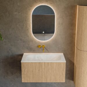 MONDIAZ KURVE-DLUX 80cm badmeubel kleur Oak met 1 lade en 0 deuren. Wastafel BIG SMALL Midden zonder kraangat Opalo.