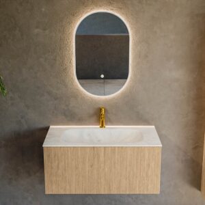 MONDIAZ KURVE-DLUX 90cm badmeubel kleur Oak met 1 lade en 0 deuren. Wastafel BIG SMALL Midden 1 kraangat Opalo.