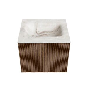 MONDIAZ KURVE-DLUX 50cm badmeubel kleur Walnut met 1 lade en 0 deuren. Wastafel GRUNNE Midden 1 kraangat Frappe.