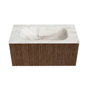 MONDIAZ KURVE-DLUX 90cm badmeubel kleur Walnut met 1 lade en 0 deuren. Wastafel BIG SMALL Midden zonder kraangat Frappe.