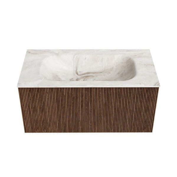 MONDIAZ KURVE-DLUX 90cm badmeubel kleur Walnut met 1 lade en 0 deuren. Wastafel BIG SMALL Midden zonder kraangat Frappe.