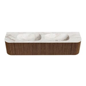 MONDIAZ KURVE-DLUX 190cm badmeubel ronding Links + Rechts kleur Walnut met 2 lades en 2 deuren. Wastafel STOR SMALL Dubbel zonder kraangat Frappe.
