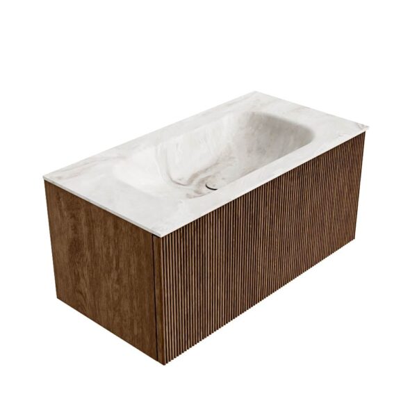 MONDIAZ KURVE-DLUX 90cm badmeubel kleur Walnut met 1 lade en 0 deuren. Wastafel BIG SMALL Midden zonder kraangat Frappe.