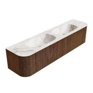 MONDIAZ KURVE-DLUX 190cm badmeubel ronding Links + Rechts kleur Walnut met 2 lades en 2 deuren. Wastafel STOR SMALL Dubbel 2 kraangaten Frappe.