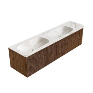 MONDIAZ KURVE-DLUX 175cm badmeubel ronding Rechts kleur Walnut met 2 lades en 1 deur. Wastafel STOR SMALL Dubbel / Links 2 kraangaten Frappe.