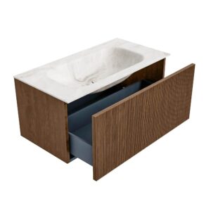 MONDIAZ KURVE-DLUX 90cm badmeubel kleur Walnut met 1 lade en 0 deuren. Wastafel BIG SMALL Midden zonder kraangat Frappe.