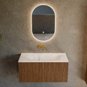 MONDIAZ KURVE-DLUX 90cm badmeubel kleur Walnut met 1 lade en 0 deuren. Wastafel BIG SMALL Midden zonder kraangat Frappe.