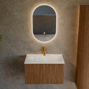 MONDIAZ KURVE-DLUX 70cm badmeubel kleur Walnut met 1 lade en 0 deuren. Wastafel BIG SMALL Midden 1 kraangat Opalo.