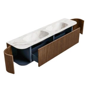 MONDIAZ KURVE-DLUX 190cm badmeubel ronding Links + Rechts kleur Walnut met 2 lades en 2 deuren. Wastafel STOR SMALL Dubbel zonder kraangat Frappe.