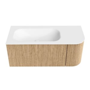 MONDIAZ KURVE 105cm badmeubel ronding Rechts kleur Oak met 1 lade en 1 deur. Wastafel BIG SMALL Links zonder kraangat Talc.