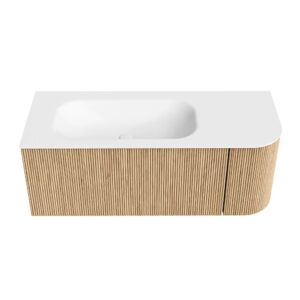 MONDIAZ KURVE 115cm badmeubel ronding Rechts kleur Oak met 1 lade en 1 deur. Wastafel BIG SMALL Links zonder kraangat Talc.