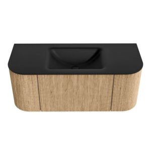 MONDIAZ KURVE 110cm badmeubel ronding Links + Rechts kleur Oak met 1 lade en 2 deuren. Wastafel CLOUD Midden 1 kraangat Urban.