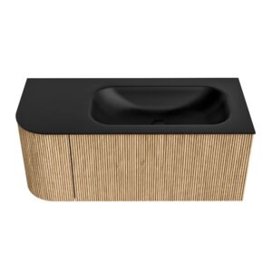 MONDIAZ KURVE 105cm badmeubel ronding Links kleur Oak met 1 lade en 1 deur. Wastafel BIG SMALL Rechts zonder kraangat Urban.