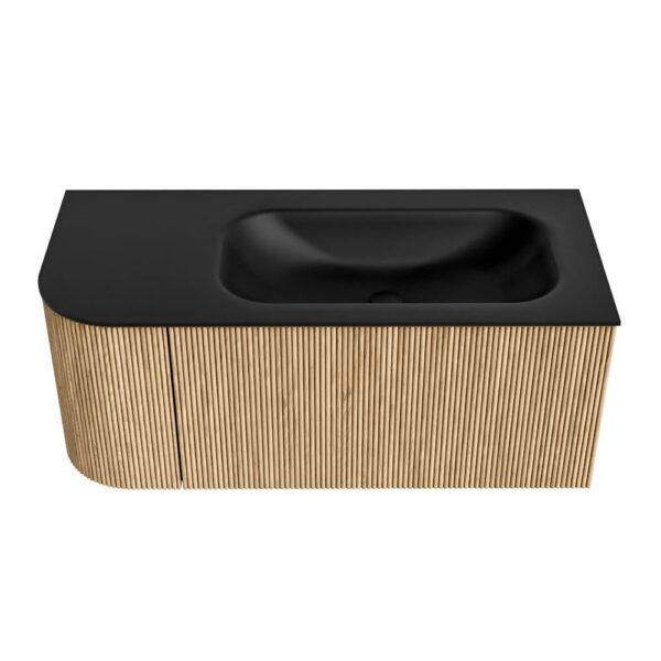 MONDIAZ KURVE 105cm badmeubel ronding Links kleur Oak met 1 lade en 1 deur. Wastafel BIG SMALL Rechts zonder kraangat Urban.