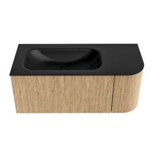 MONDIAZ KURVE 105cm badmeubel ronding Rechts kleur Oak met 1 lade en 1 deur. Wastafel BIG SMALL Links 1 kraangat Urban.