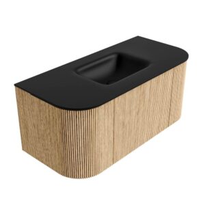 MONDIAZ KURVE 100cm badmeubel ronding Links + Rechts kleur Oak met 1 lade en 2 deuren. Wastafel GRUNNE Midden zonder kraangat Urban.