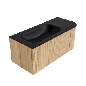 MONDIAZ KURVE 105cm badmeubel ronding Rechts kleur Oak met 1 lade en 1 deur. Wastafel BIG SMALL Links zonder kraangat Urban.