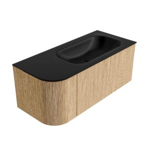 MONDIAZ KURVE 105cm badmeubel ronding Links kleur Oak met 1 lade en 1 deur. Wastafel BIG SMALL Rechts 1 kraangat Urban.
