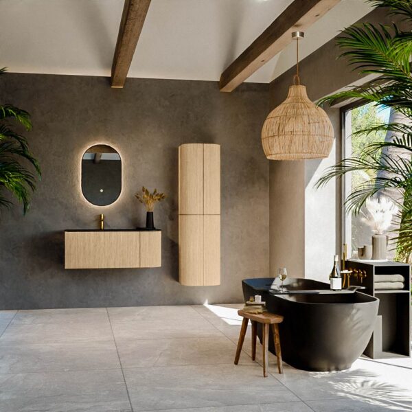 MONDIAZ KURVE 105cm badmeubel ronding Rechts kleur Oak met 1 lade en 1 deur. Wastafel BIG SMALL Links 1 kraangat Urban.