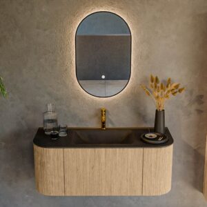 MONDIAZ KURVE 110cm badmeubel ronding Links + Rechts kleur Oak met 1 lade en 2 deuren. Wastafel CLOUD Midden 1 kraangat Urban.