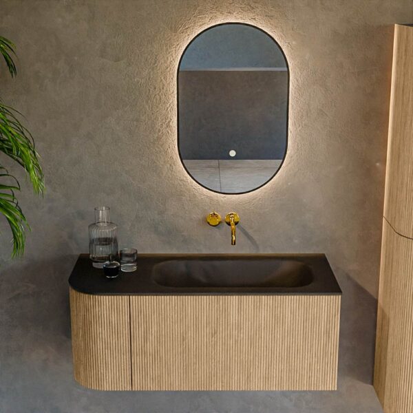 MONDIAZ KURVE 105cm badmeubel ronding Links kleur Oak met 1 lade en 1 deur. Wastafel BIG SMALL Rechts zonder kraangat Urban.