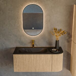 MONDIAZ KURVE 105cm badmeubel ronding Rechts kleur Oak met 1 lade en 1 deur. Wastafel BIG SMALL Links 1 kraangat Urban.