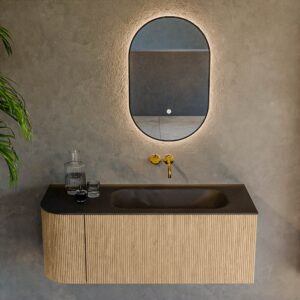 MONDIAZ KURVE 115cm badmeubel ronding Links kleur Oak met 1 lade en 1 deur. Wastafel BIG SMALL Rechts zonder kraangat Urban.