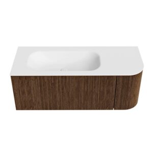MONDIAZ KURVE 115cm badmeubel ronding Rechts kleur Walnut met 1 lade en 1 deur. Wastafel BIG SMALL Links 1 kraangat Talc.