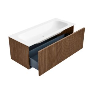 MONDIAZ KURVE 110cm badmeubel kleur Walnut met 1 lade en 0 deuren. Wastafel BIG MEDIUM Midden zonder kraangat Talc.