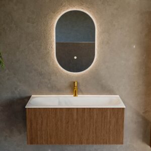 MONDIAZ KURVE 100cm badmeubel kleur Walnut met 1 lade en 0 deuren. Wastafel BIG MEDIUM Midden 1 kraangat Talc.