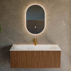 MONDIAZ KURVE 110cm badmeubel kleur Walnut met 1 lade en 0 deuren. Wastafel BIG MEDIUM Midden 1 kraangat Talc.