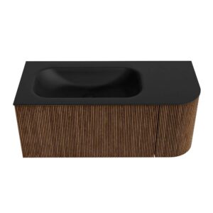 MONDIAZ KURVE 105cm badmeubel ronding Rechts kleur Walnut met 1 lade en 1 deur. Wastafel BIG SMALL Links zonder kraangat Urban.
