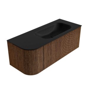 MONDIAZ KURVE 115cm badmeubel ronding Links kleur Walnut met 1 lade en 1 deur. Wastafel BIG SMALL Rechts zonder kraangat Urban.