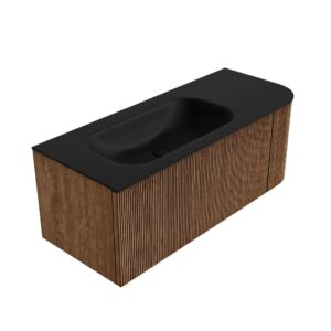 MONDIAZ KURVE 115cm badmeubel ronding Rechts kleur Walnut met 1 lade en 1 deur. Wastafel BIG SMALL Links 1 kraangat Urban.