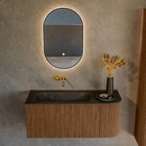 MONDIAZ KURVE 105cm badmeubel ronding Rechts kleur Walnut met 1 lade en 1 deur. Wastafel BIG SMALL Links zonder kraangat Urban.