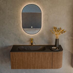 MONDIAZ KURVE 115cm badmeubel ronding Rechts kleur Walnut met 1 lade en 1 deur. Wastafel BIG SMALL Links 1 kraangat Urban.