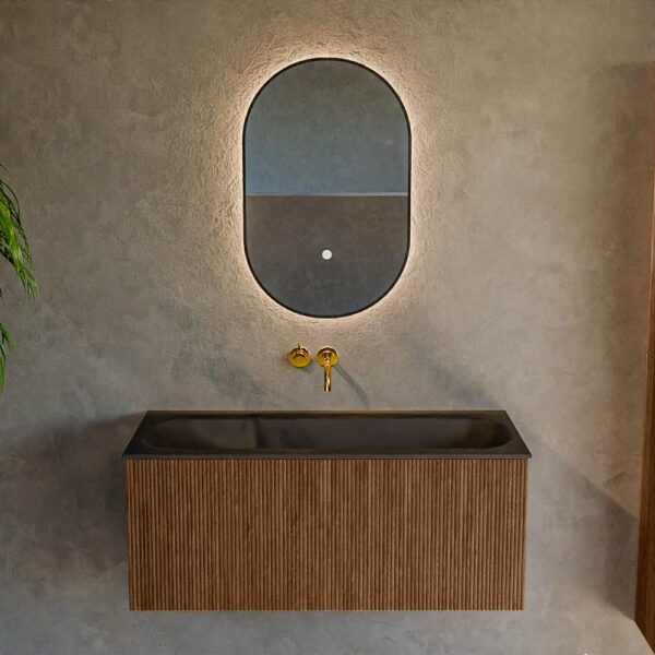 MONDIAZ KURVE 100cm badmeubel kleur Walnut met 1 lade en 0 deuren. Wastafel BIG MEDIUM Midden zonder kraangat Urban.