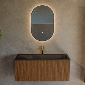 MONDIAZ KURVE 100cm badmeubel kleur Walnut met 1 lade en 0 deuren. Wastafel BIG MEDIUM Midden 1 kraangat Urban.