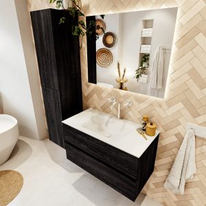 MONDIAZ VICA 90cm badmeubel onderkast Antracite 2 lades. Wastafel CLOUD midden 1 kraangat, kleur Talc met spiegel LED.