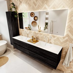 MONDIAZ VICA 200cm badmeubel onderkast Antracite 4 lades. Wastafel CLOUD dubbel 2 kraangaten, kleur Talc met spiegel LED.