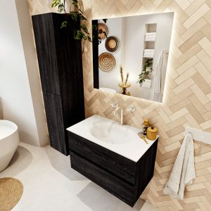 MONDIAZ VICA 80cm badmeubel onderkast Antracite 2 lades. Wastafel Moon midden 1 kraangat, kleur Talc met spiegel LED.