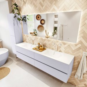 MONDIAZ VICA 200cm badmeubel onderkast Cale 4 lades. Wastafel CLOUD dubbel 2 kraangaten, kleur Talc met spiegel LED.