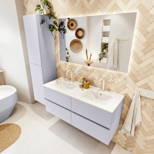 MONDIAZ VICA 120cm badmeubel onderkast Cale 4 lades. Wastafel Denia dubbel 2 kraangaten, kleur Glanzend Wit met spiegel LED.