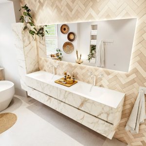MONDIAZ VICA 200cm badmeubel onderkast Carrara 4 lades. Wastafel CLOUD dubbel 2 kraangaten, kleur Talc met spiegel LED.