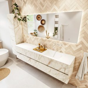 MONDIAZ VICA 200cm badmeubel onderkast Carrara 4 lades. Wastafel CLOUD rechts zonder kraangat, kleur Talc met spiegel LED.