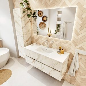 MONDIAZ VICA 120cm badmeubel onderkast Carrara 2 lades. Wastafel Denia midden 1 kraangat, kleur Glanzend Wit met spiegel LED.