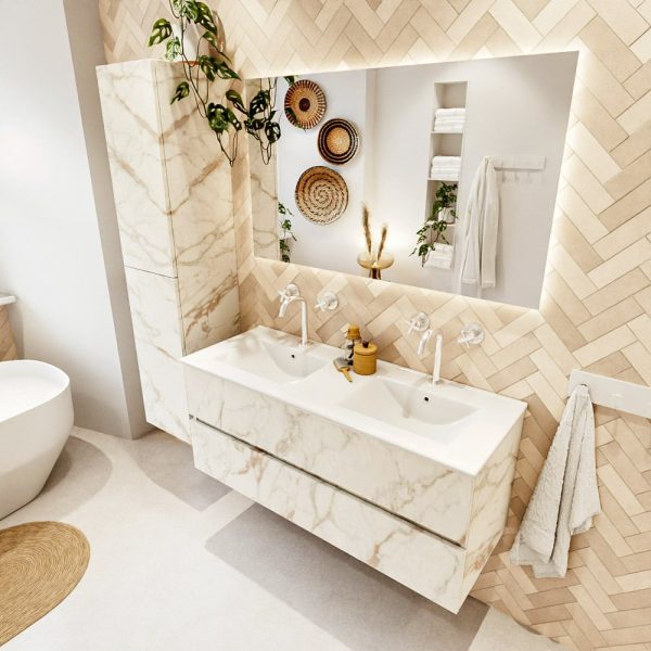 MONDIAZ VICA 120cm badmeubel onderkast Carrara 2 lades. Wastafel Denia dubbel 2 kraangaten, kleur Glanzend Wit met spiegel LED.
