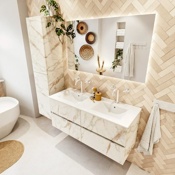 MONDIAZ VICA 120cm badmeubel onderkast Carrara 4 lades. Wastafel Denia dubbel 2 kraangaten, kleur Glanzend Wit met spiegel LED.
