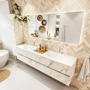 MONDIAZ VICA 200cm badmeubel onderkast Carrara 4 lades. Wastafel Moon dubbel 2 kraangaten, kleur Talc met spiegel LED.