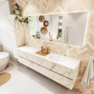 MONDIAZ VICA 200cm badmeubel onderkast Carrara 4 lades. Wastafel Moon rechts zonder kraangat, kleur Talc met spiegel LED.